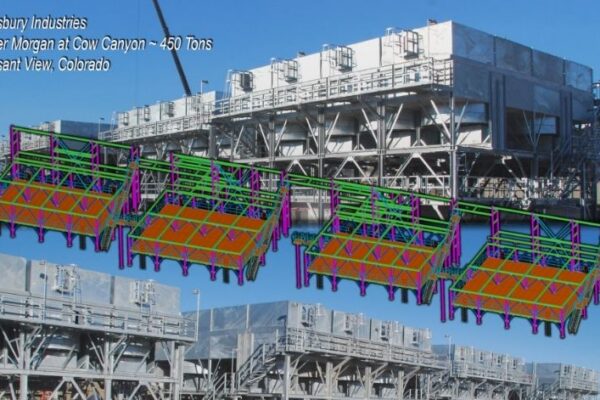 mid-city-steel-cow-canyon-central-processing-facility-industrial-gallery-1 Large industrial metal structures with overlayed colorful engineering models, labeled Kinder Morgan at Cow Canyon, Colorado.