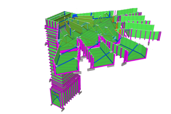 3D model of a steel structure with green beams, purple edges, and metal supports in an L-shaped configuration.