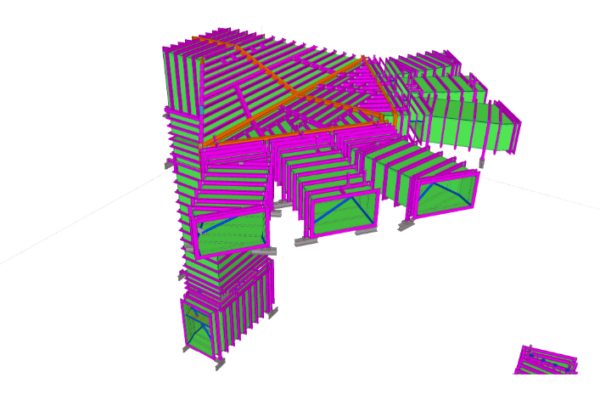 3D digital model of a building structure with green walls and purple-framed floors and roofs.