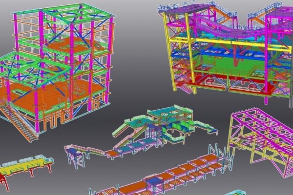 Colorful 3D structural models of buildings and conveyor systems on a gray background, showing detailed framework.