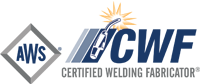 AWS Certified Welding Fabricator logo with a welding torch graphic and text on a gray background.