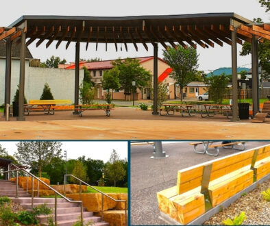 Collage of Dash Park in Onalaska featuring a large steel-and-wood pergola, benches, picnic tables, landscaped stairs with metal handrails, and a wooden seating wall, with steel fabrication by Mid-City Steel.
