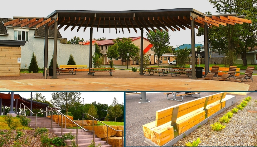 Collage of Dash Park in Onalaska featuring a large steel-and-wood pergola, benches, picnic tables, landscaped stairs with metal handrails, and a wooden seating wall, with steel fabrication by Mid-City Steel.