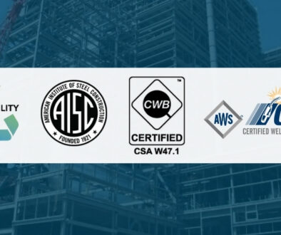 Mid-City Steel structural fabricator certification banner showing AISC Sustainability Partner and AISC logos, CWB Certified CSA W47.1 certification, and AWS/CWF Certified Welding Fabricator credentials over a steel construction background.