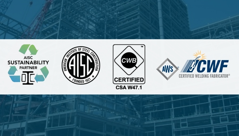 Mid-City Steel structural fabricator certification banner showing AISC Sustainability Partner and AISC logos, CWB Certified CSA W47.1 certification, and AWS/CWF Certified Welding Fabricator credentials over a steel construction background.