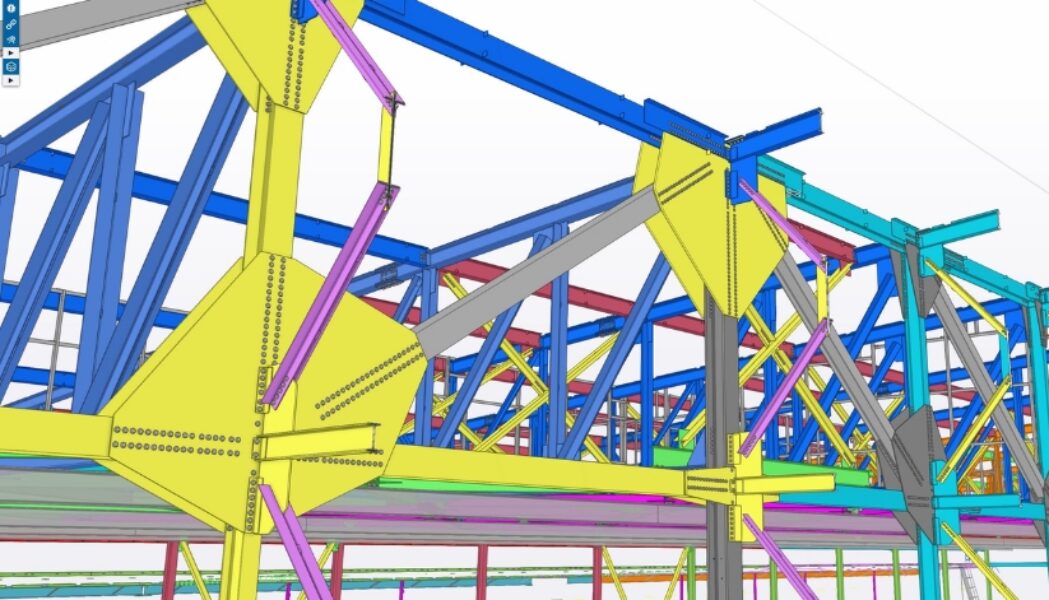 Mid-City Steel 3D structural steel model in Tekla Structures showing detailed framing, connections, bracing, and connection plates.
