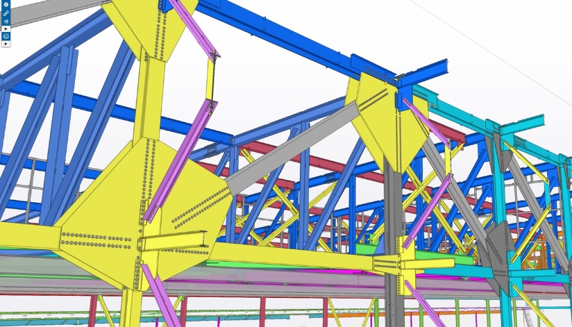 Mid-City Steel 3D structural steel model in Tekla Structures showing detailed framing, connections, bracing, and connection plates.