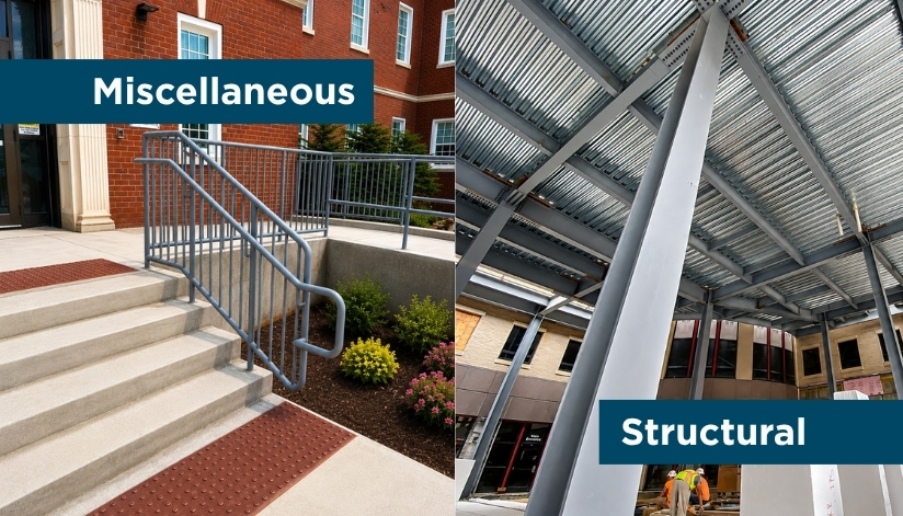 Mid-City Steel comparison showing miscellaneous steel railings and stairs alongside structural steel framing and columns.